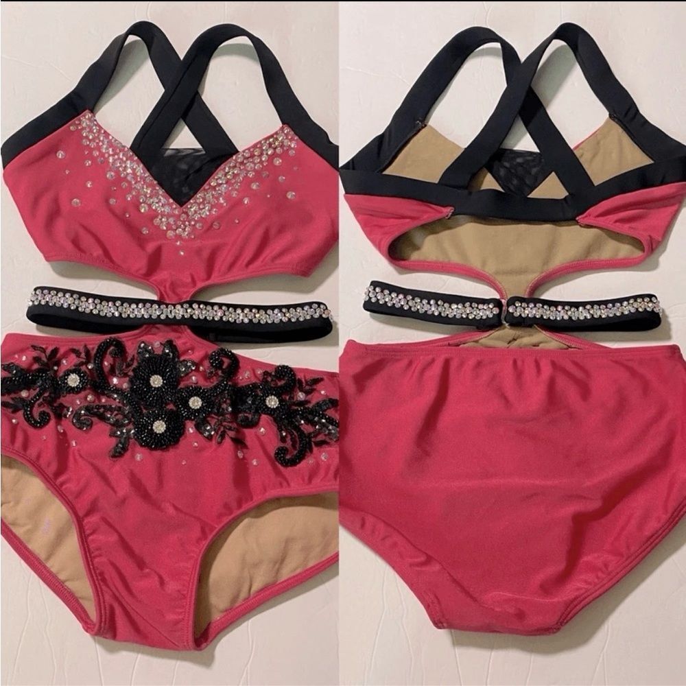 Custom Solo dance costume leotard hot pink rhinestone XSA-extra small adult